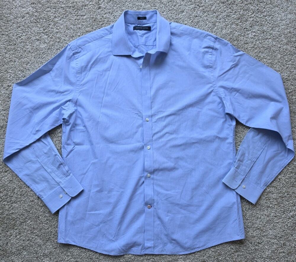 TOMMY HILFIGER Dress Shirt - Size 17 34/35 XL - Light Blue, Slim Fit, OEKO-TEX